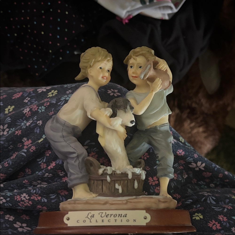 Beige & Gray Children with Dog Figurine